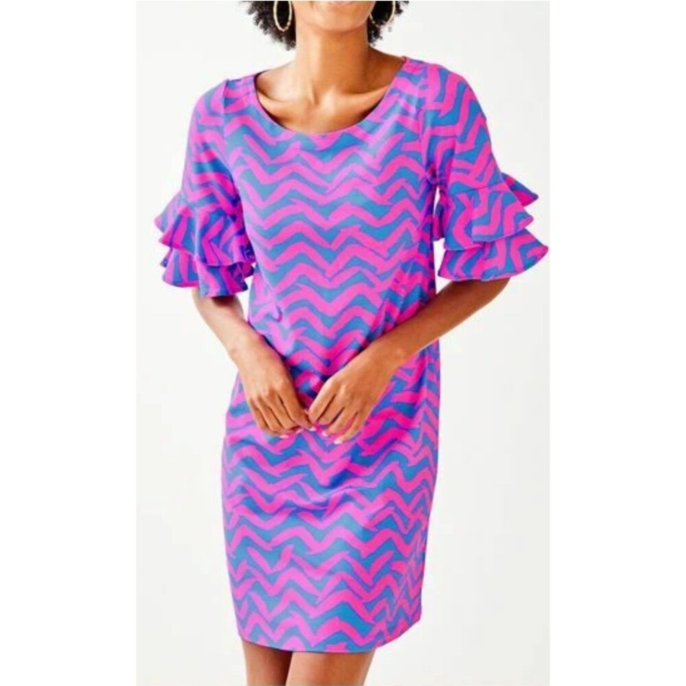 Lilly Pulitzer Lula Dress Bennet Blue Pink Pop Up I Got Lucky XS Ruffle Sleeve